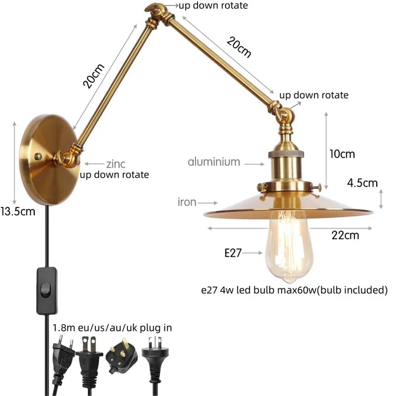 Helnys Vintage Industrial Style Long Arm LED Wall Sconce Bedside Lamp
