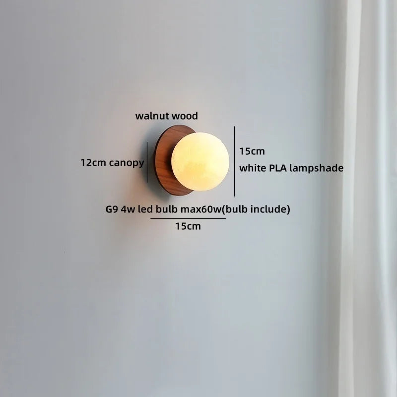 Helnys Nordic LED Wall Sconce Walnut Glass Ball Pull Chain Switch Wall Light