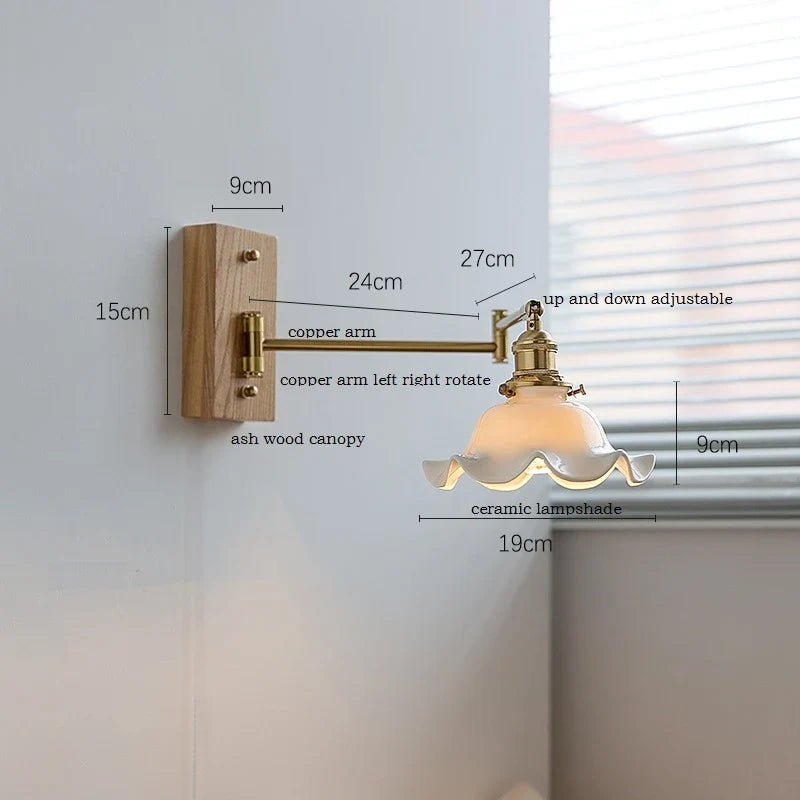 Helnys Flower Ceramic LED Wall Light Copper Arm Sconce - Modern Home Decor