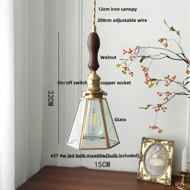Helnys Blue Glass LED Pendant Light with Adjustable Copper Knob Switch