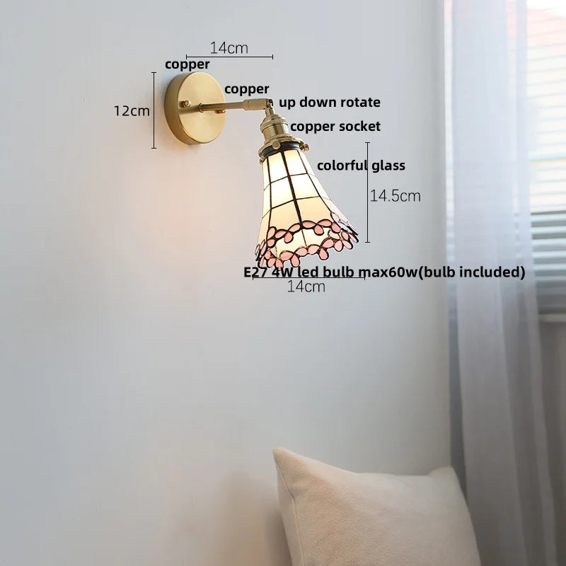 Helnys Flower Glass LED Wall Sconce Pull Chain Switch Rotatable Lamp