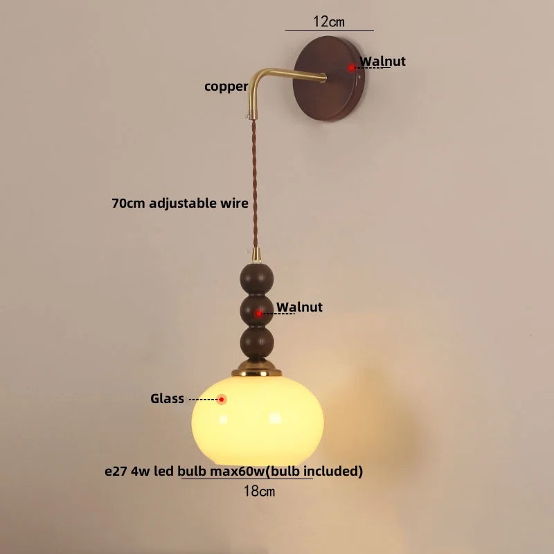 Helnys Adjustable Wood Glass Wall Lights with Pull Chain Switch for Aisle Study Dining