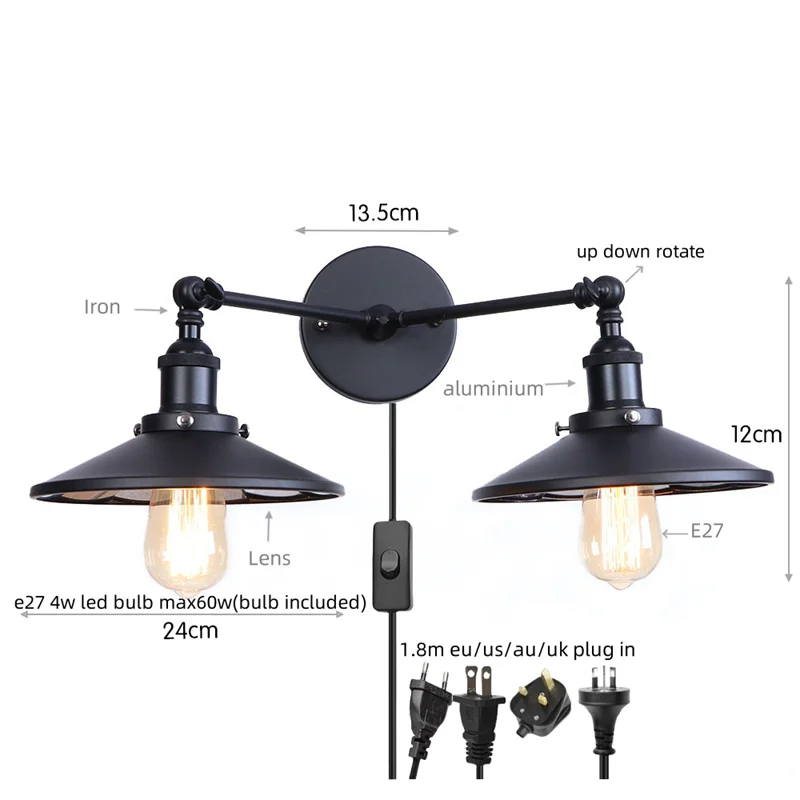 Helnys Gold Vintage 2 Heads LED Wall Lights Industrial Pull Chain Switch Lamp