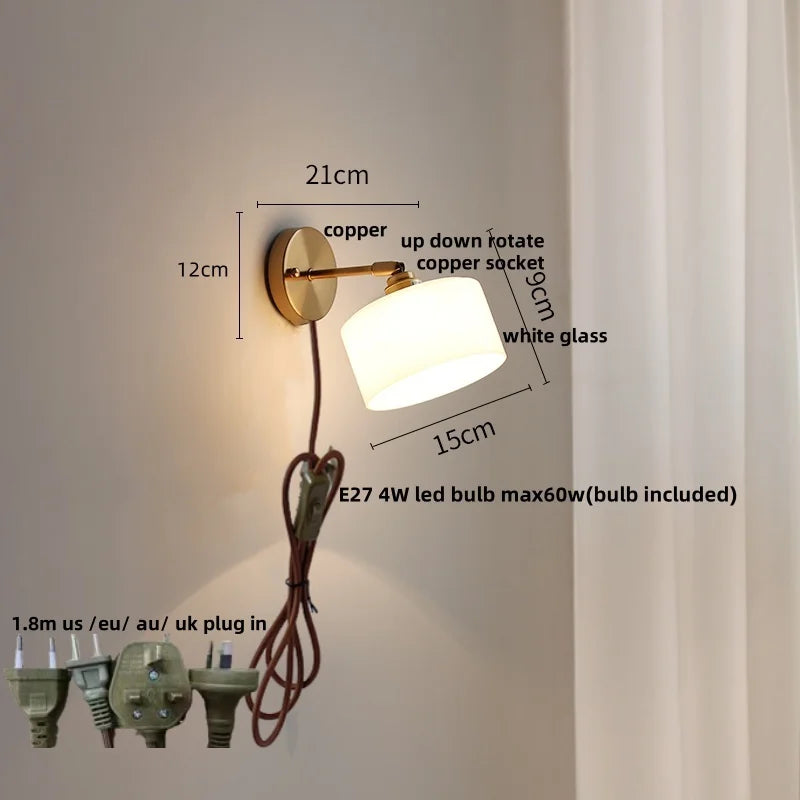 Helnys White Glass LED Wall Lights Nordic Modern Rotate Plug In Sconce Lamp