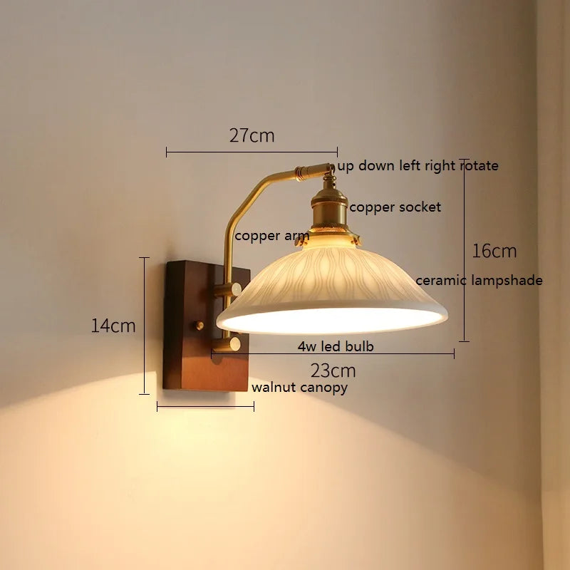 Helnys Nordic Copper LED Wall Lights Fixtures Switch Walnut Wall Lamp