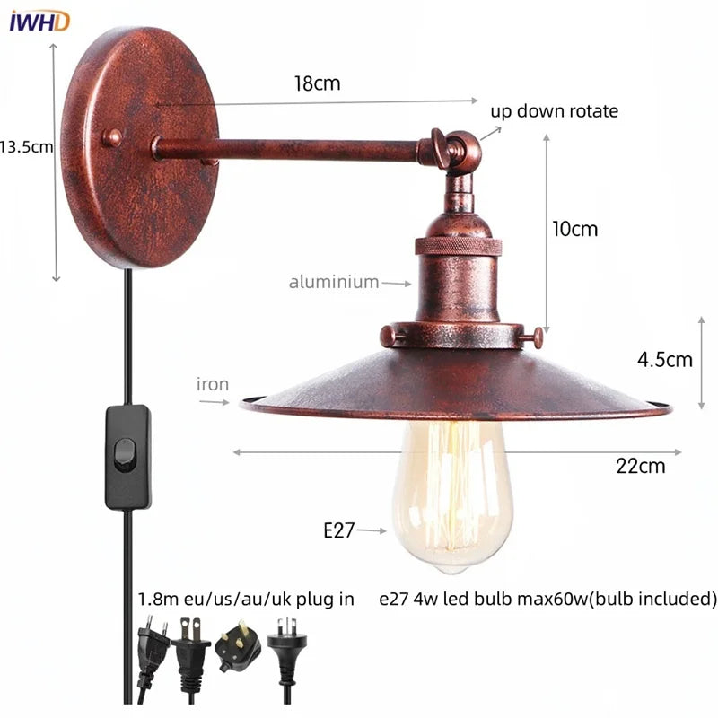 Helnys Loft LED Wall Lamp With Gold Pull Chain Switch - Industrial Vintage Design