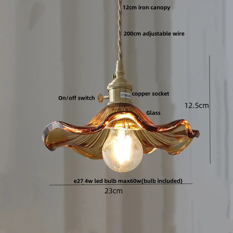 Helnys Amber Glass LED Pendant Light Fixture with Walnut Wood Bar and Adjustable Wire