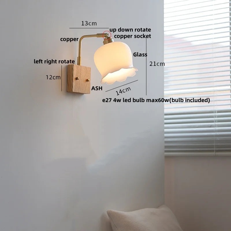 Helnys Rotatable Vintage LED Wall Sconce Pull Chain Switch Wood Bedside Lamp