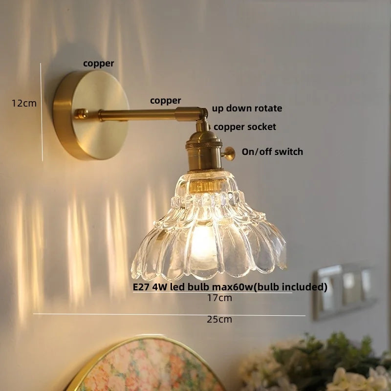 Helnys Copper Rotate LED Wall Light with Pull Chain Switch - Modern Glass Bedside Lamp