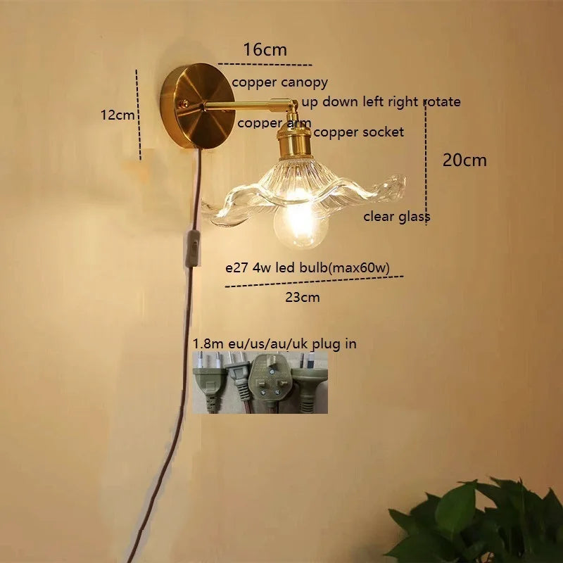 Helnys Green Glass Copper LED Wall Sconce with Pull Chain - Nordic Modern Wandlamp
