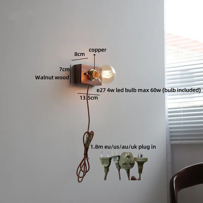 Helnys Vintage Brass LED Wall Lamps Walnut Wood Lighting Fixtures