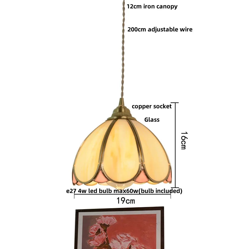 Helnys LED Pendant Lamp with Adjustable Walnut Wood & Tiffany Glass for Dining Room.
