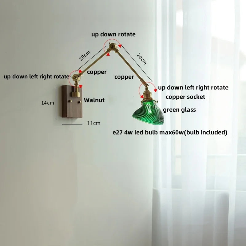Helnys Green LED Swing Arm Wall Lamp Sconce with Walnut Wood Finish