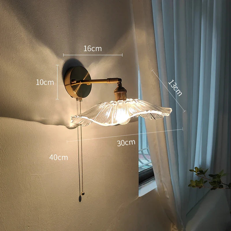 Helnys Glass Wall Light with Pull Chain Switch and LED Plug-in for Bedroom Lighting
