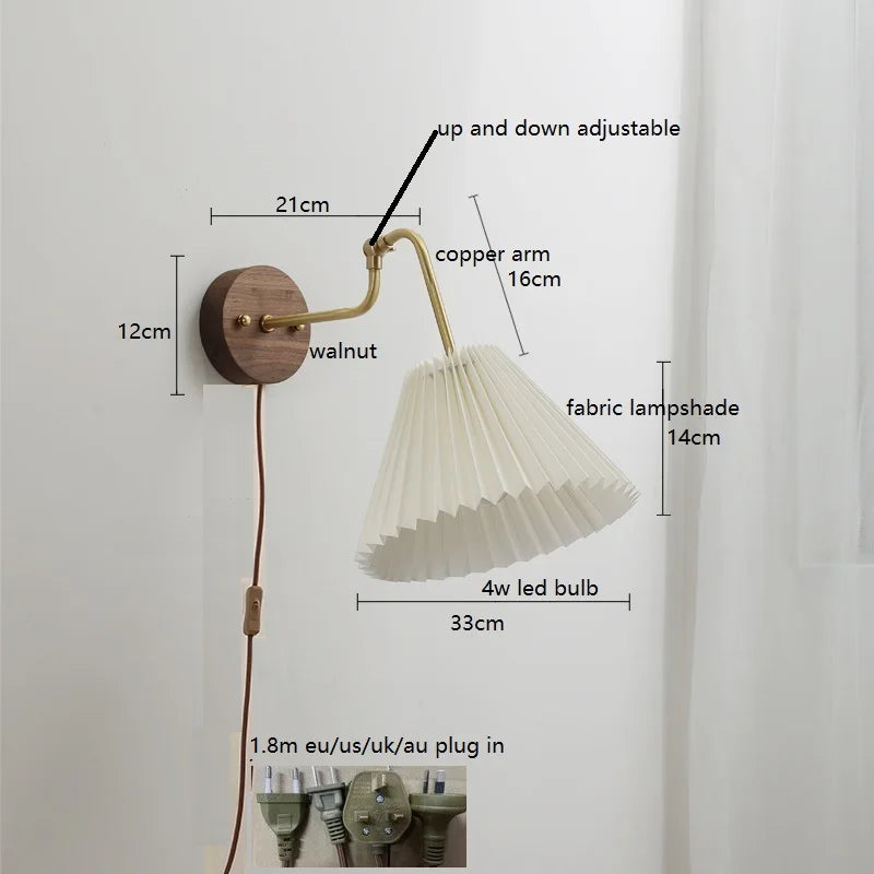 Helnys Fabric Lampshade LED Wall Sconce, Walnut Base, Adjustable Arm