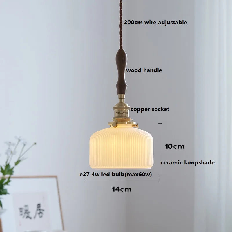 Helnys Ceramic LED Pendant Light with Wood Handle and Copper Socket