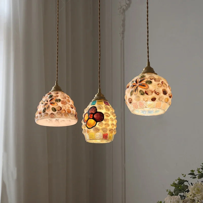 Helnys Tiffany Conch Glass LED Pendant Light for Reading and Dining