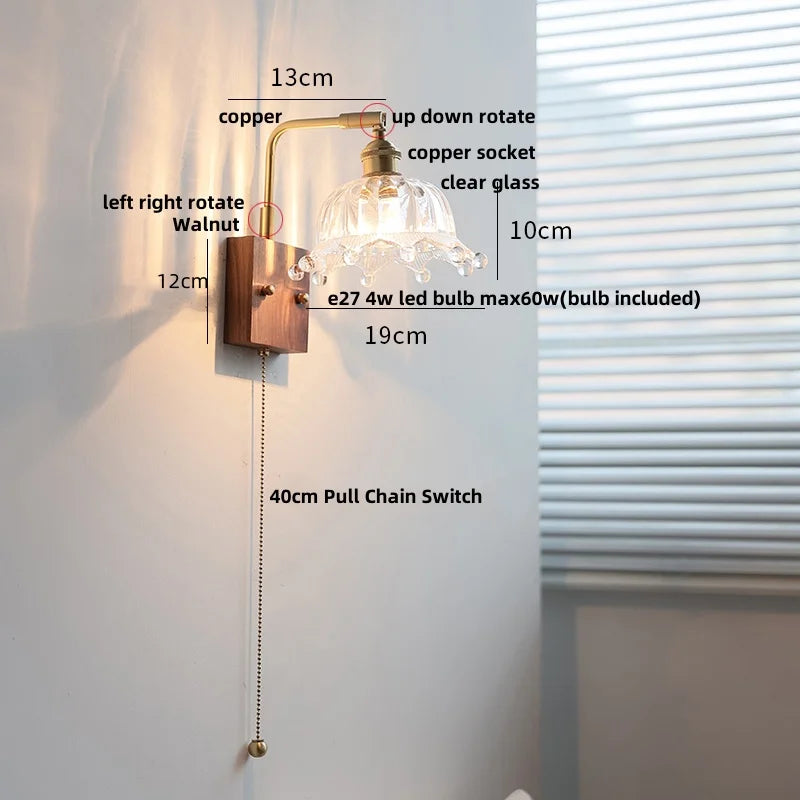 Helnys Nordic LED Wall Light Walnut Copper Clear Glass Sconce