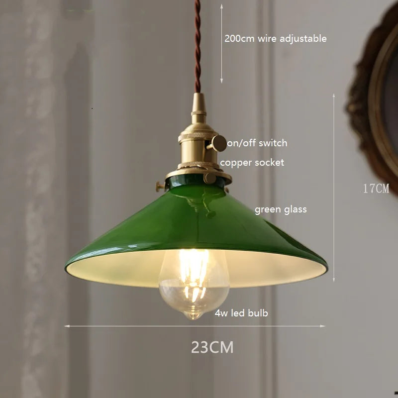 Helnys White Green Glass LED Pendant Lights with Copper Socket & Wood Finish