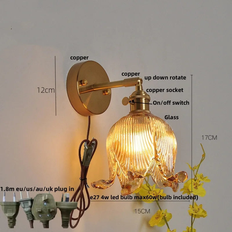 Helnys Vintage Blue Glass LED Wall Lamp with Pull Chain Switch