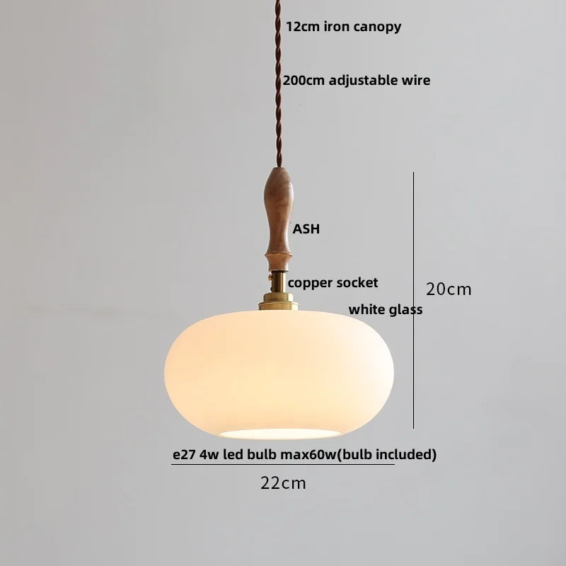 Helnys White Glass LED Pendant Light Fixture Nordic Modern Wood Ash Hanging Lamp