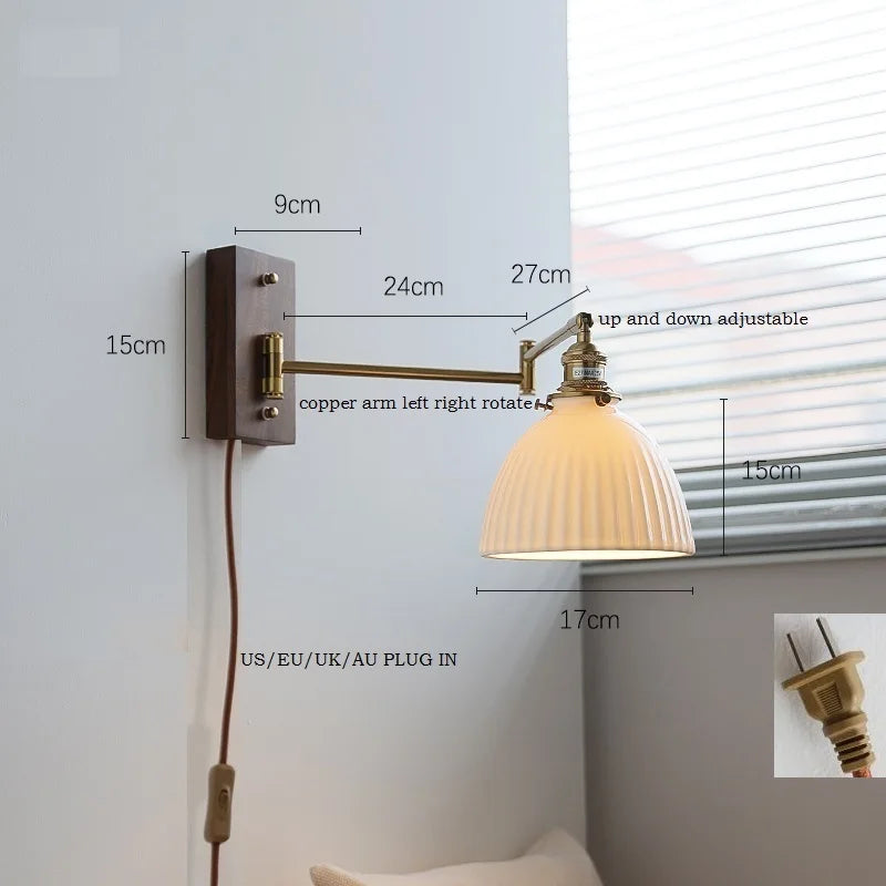 Helnys Ash Wood Canopy LED Wall Sconce Pull Chain Switch Rotate Bedroom Lamp
