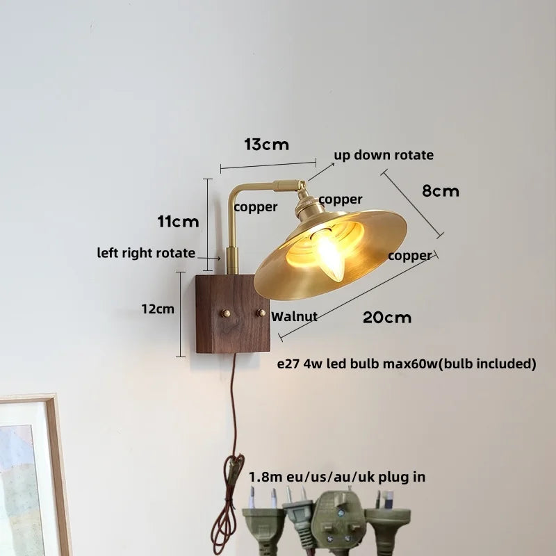Helnys LED Wall Light Fixture Walnut Wood Copper Bedside Lamp Rotation Dining Room