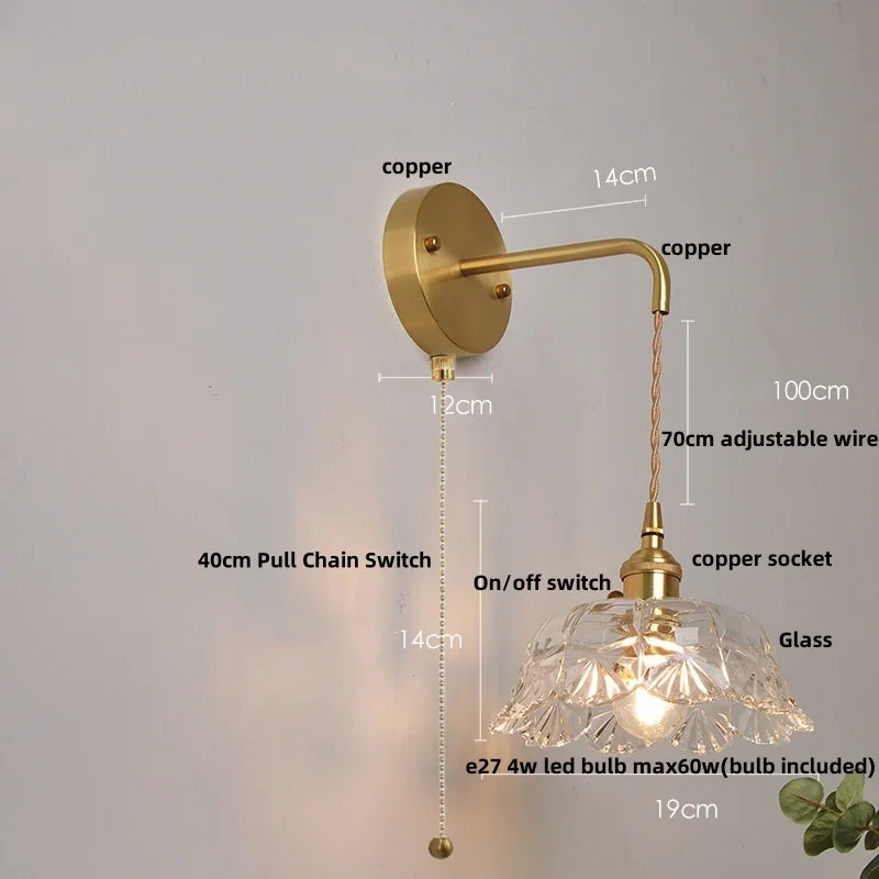 Helnys Glass LED Wall Light Fixture Modern Rotate Clear Glass Bedside Lamp