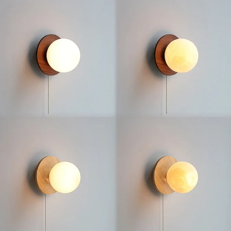Helnys Nordic LED Wall Sconce Walnut Glass Ball Pull Chain Switch Wall Light