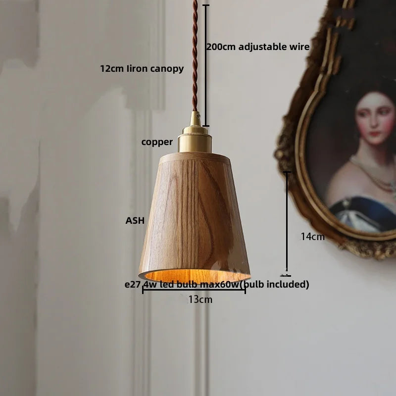 Helnys Ash Wood LED Pendant Lamp with Copper Socket - Adjustable Hanging Lights