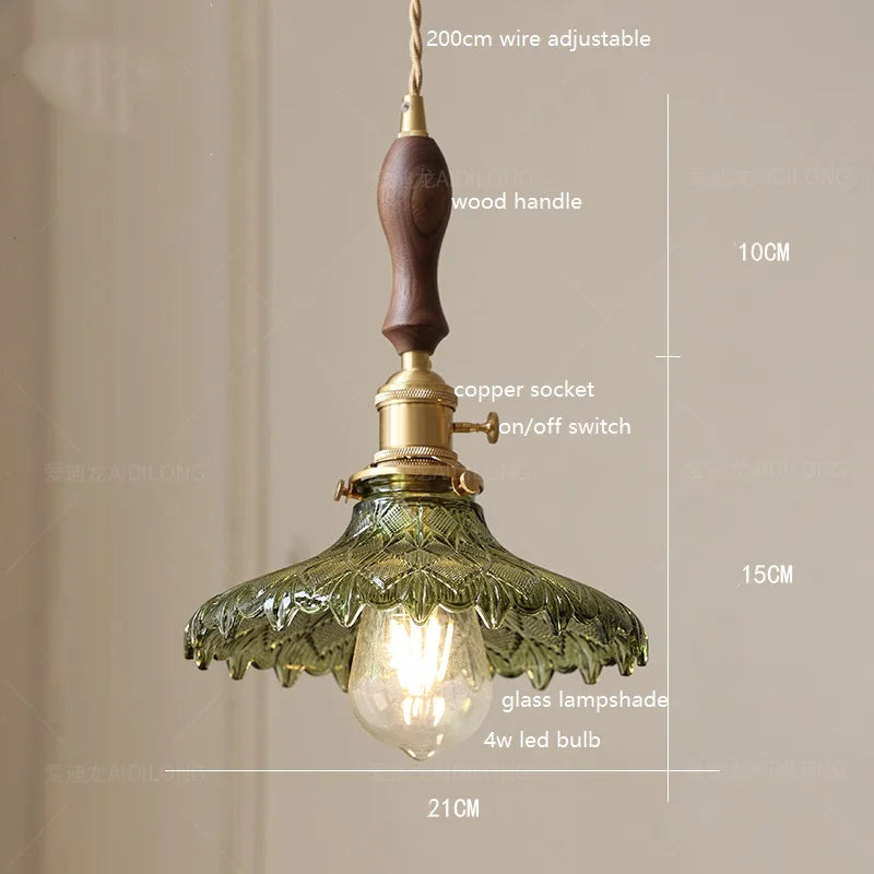 Helnys Green Glass LED Pendant Lamp with Copper Wood Handle for Dinning Living Room