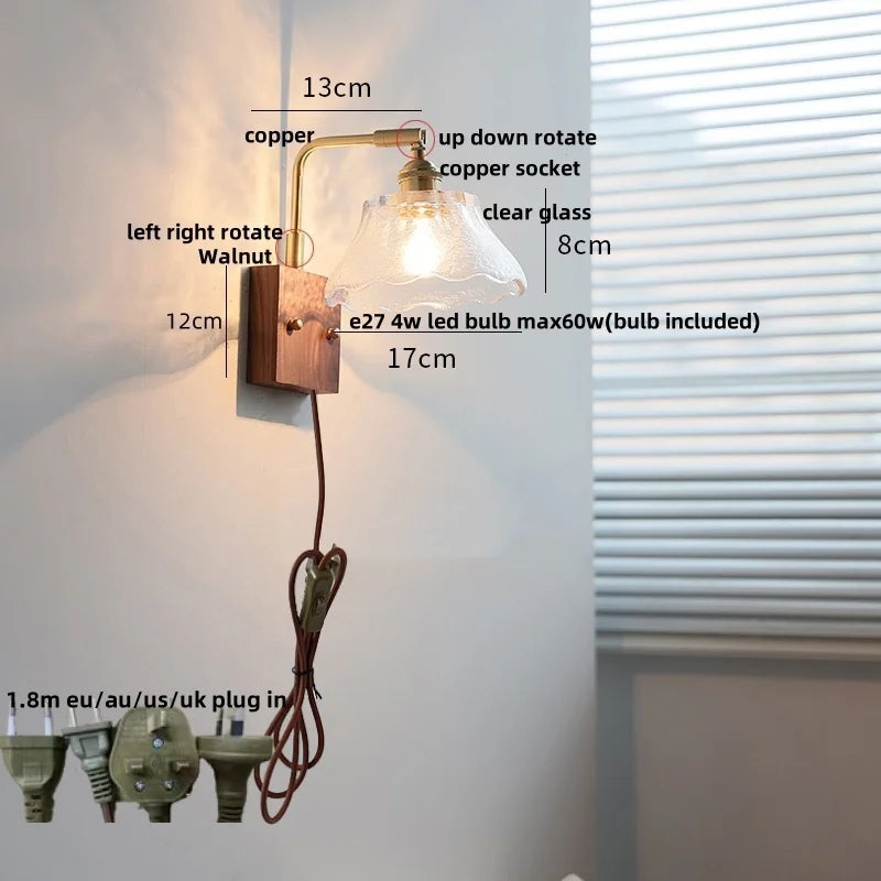 Helnys Nordic Walnut Glass LED Wall Light with Rotatable Brass Finish