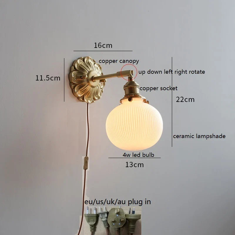 Helnys LED Wall Sconce Switch Wood Bedroom Living Room Copper Arm Wall Light