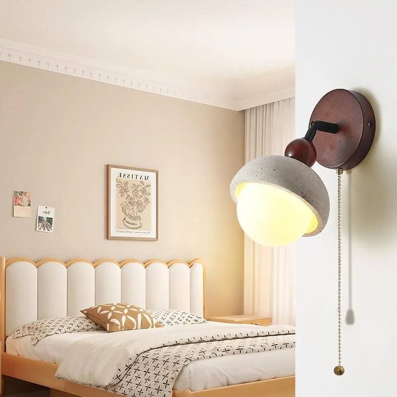 Helnys Glass Pull Chain Wall Sconce Rotate LED Lights White Travertine Bedside Lamp