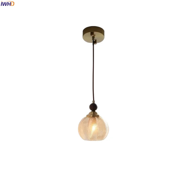 Helnys Japanese Style Amber Glass LED Pendant Light with Wood & Copper Cap