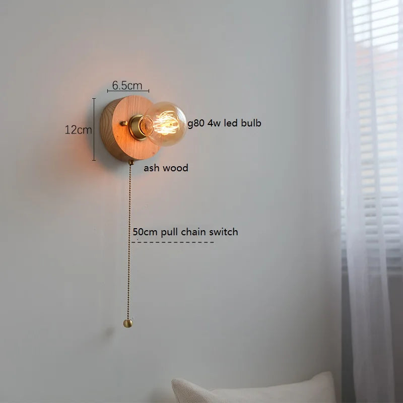 Helnys Vintage LED Wall Lamp with Pull Chain Switch, Walnut Ash Wood & Copper.