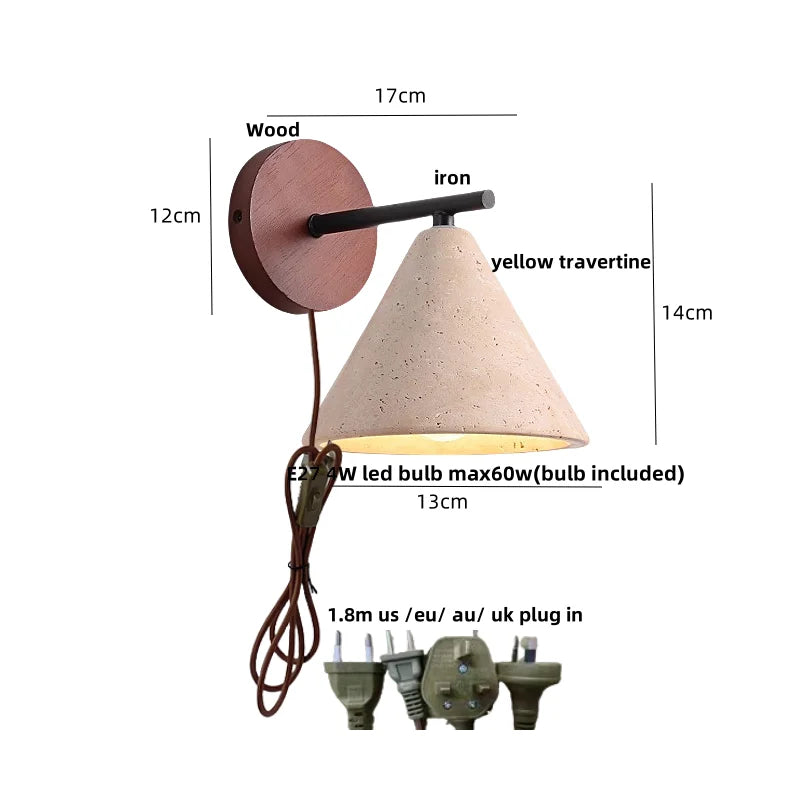 Helnys Canopy LED Wall Light Yellow Travertine Bedside Lamp Modern Iron Fixture