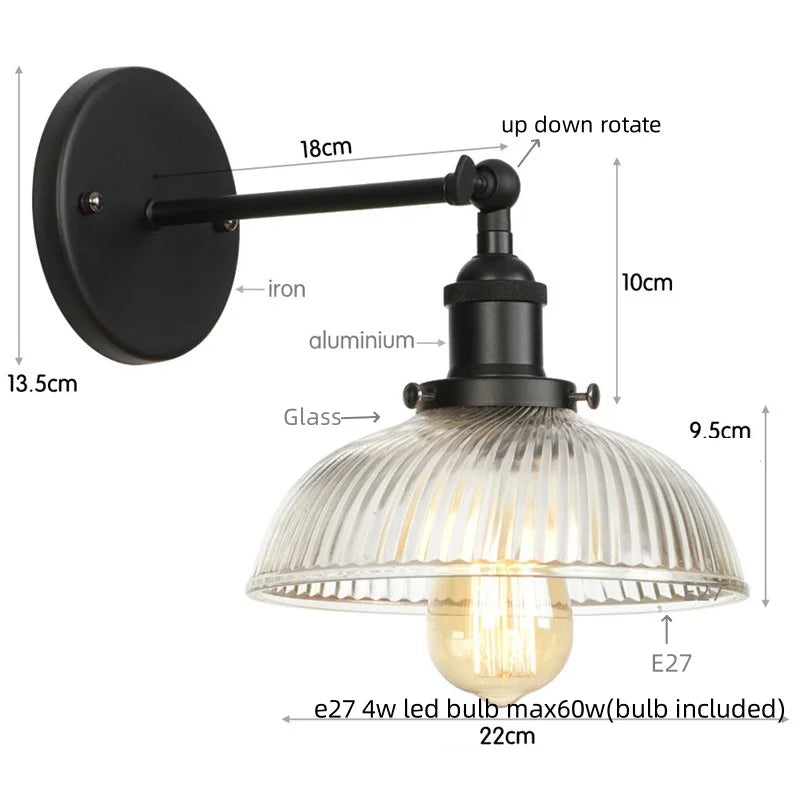 Helnys Vintage LED Wall Light with Pull Chain Switch, Rustic Industrial Bedside Lamp