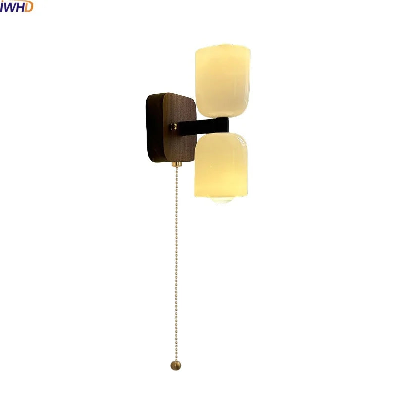 Helnys Nordic LED Wall Sconce White Glass Walnut Wood Stair Light