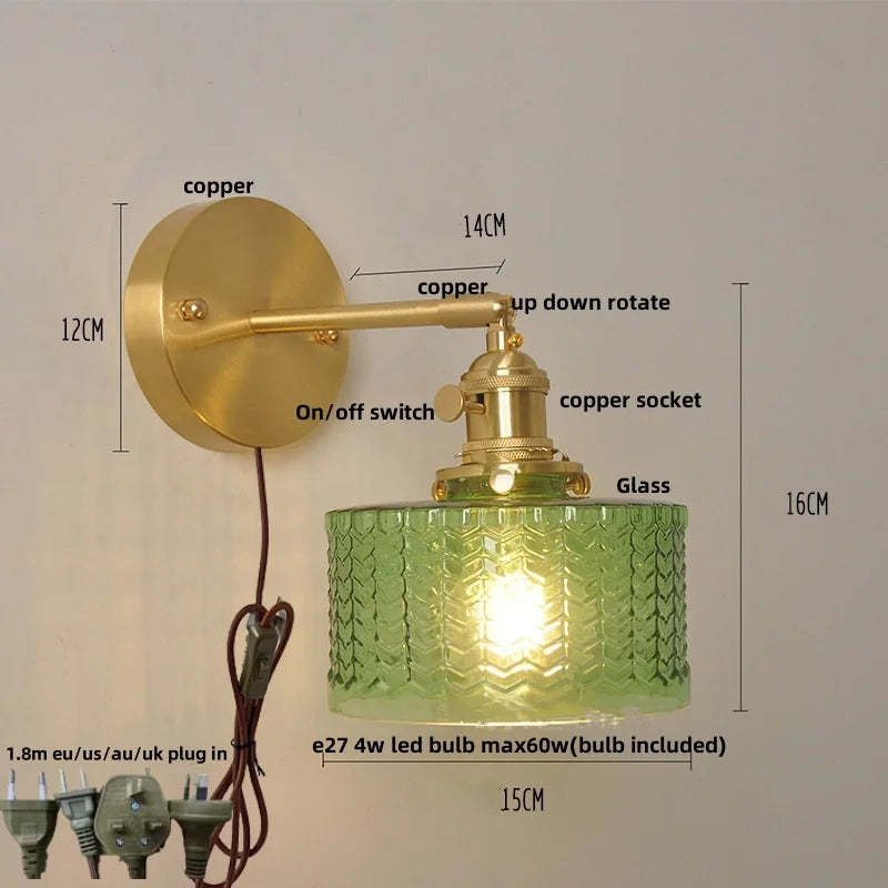 Helnys Nordic LED Wall Light Glass Up Down Rotate Copper Bedside Lamp