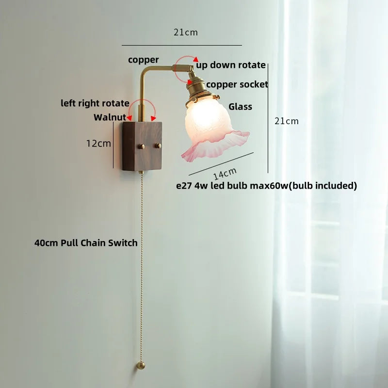 Helnys Brass Walnut Wood LED Wall Sconce Rotatable Glass Stair Light