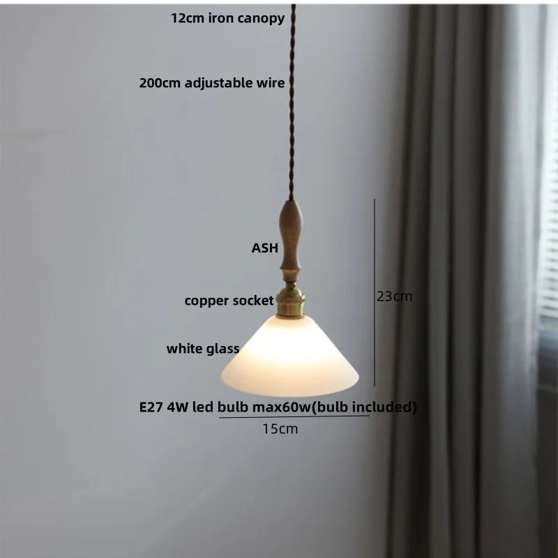 Helnys Adjustable LED Pendant Lights Ash Wood White Ceramic Nordic Hanging Lamp