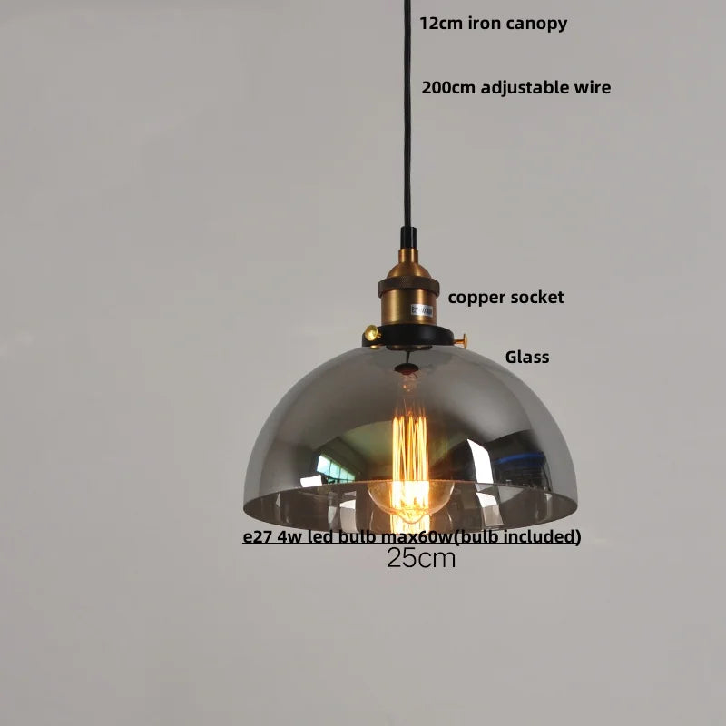 Helnys Loft Smoke Gray LED Pendant Lamp Brass Glass Vintage Hanging Light