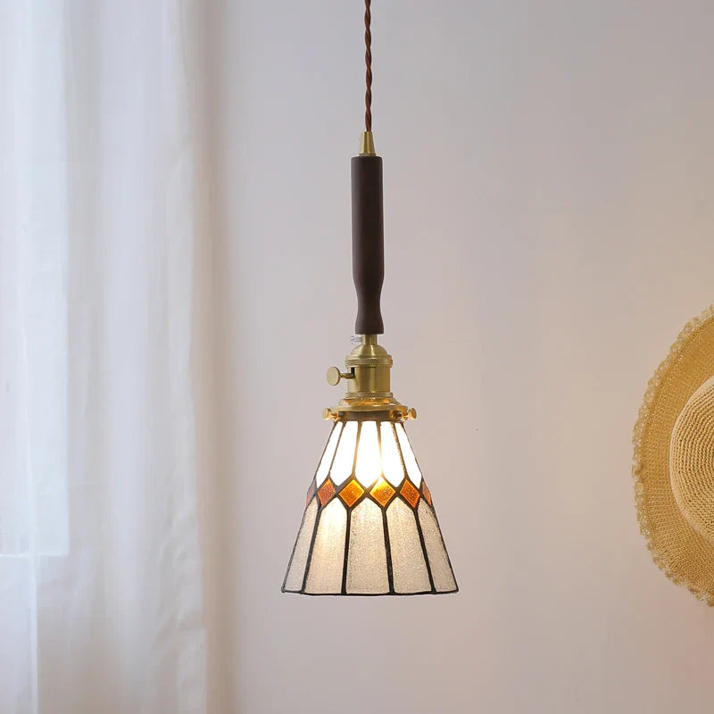 Helnys Tiffany Style Walnut Wood LED Pendant Lights with Copper Knob Switch