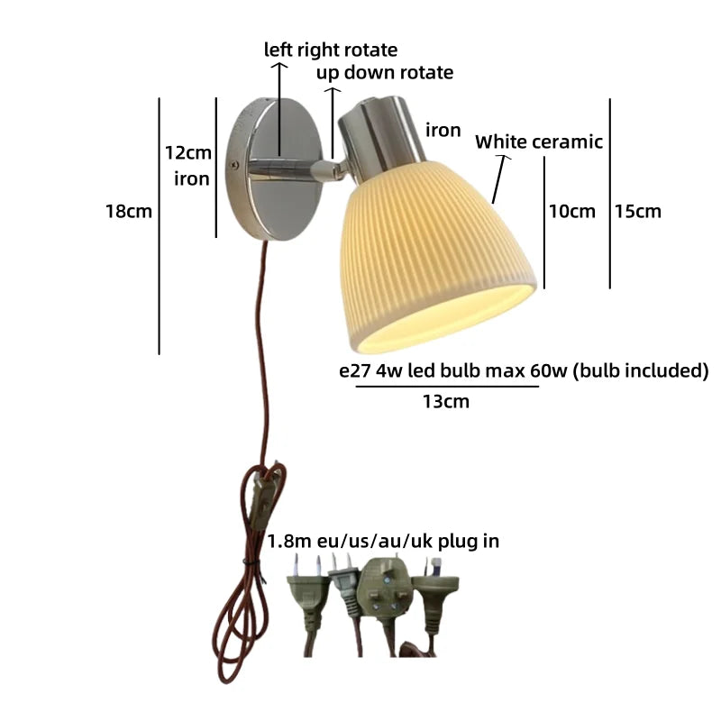 Helnys Japanese Style LED Wall Light Fixture Ceramic Wood Bedside Lamp