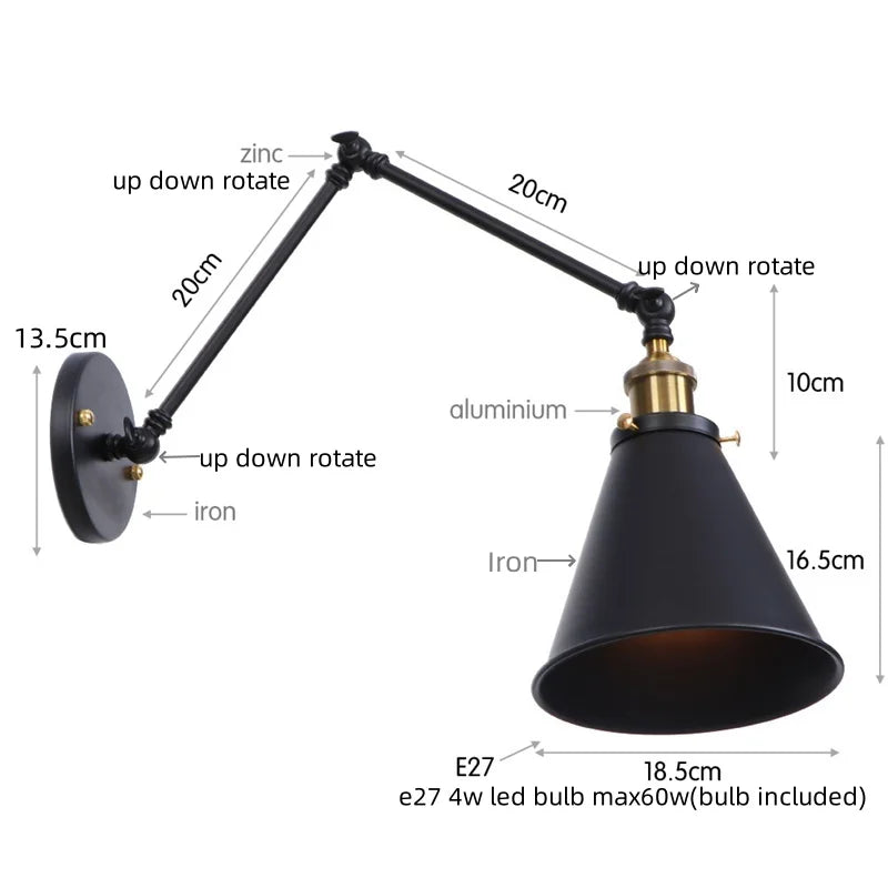 Helnys Retro LED Swing Arm Wall Sconce Black Industrial Vintage Loft Lamp
