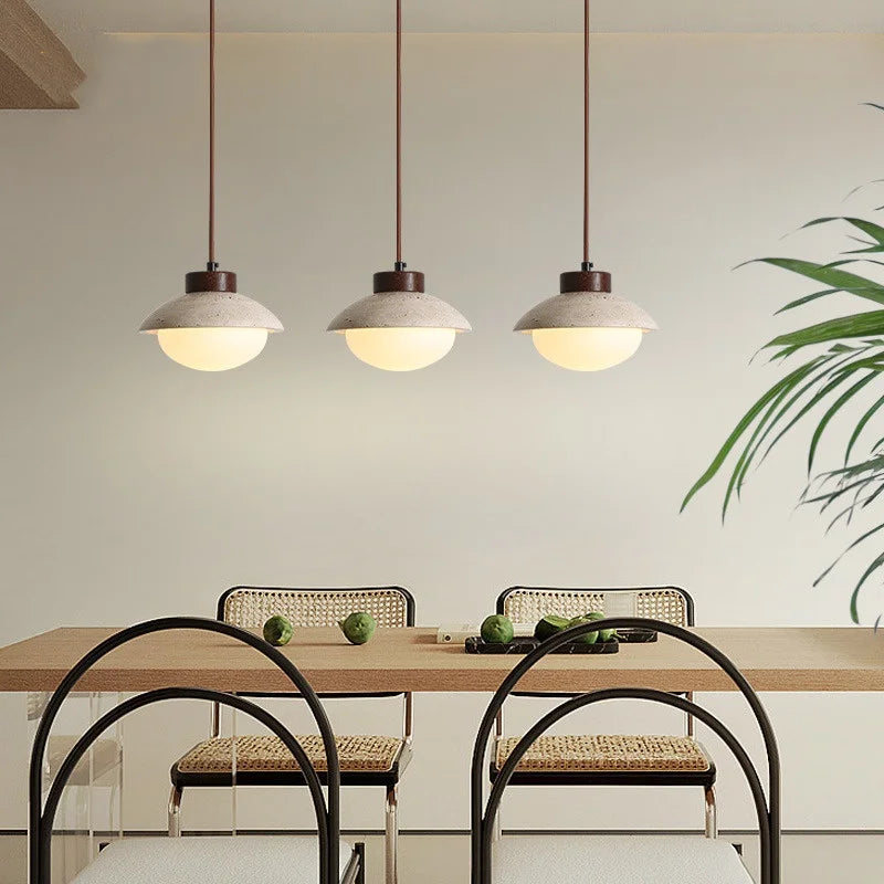 Helnys LED Pendant Light: Japanese Style, Yellow Travertine Wood, Adjustable Wire Hanging Lamp