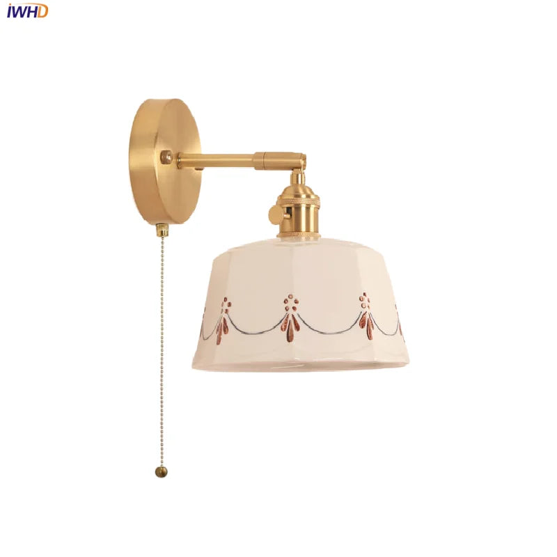 Helnys Ceramic LED Wall Lamp with Pull Chain Switch - Up Down Rotate Copper Mirror Light