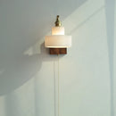 Helnys White Glass LED Wall Light Fixture Walnut Wood Brass Pull Chain Switch