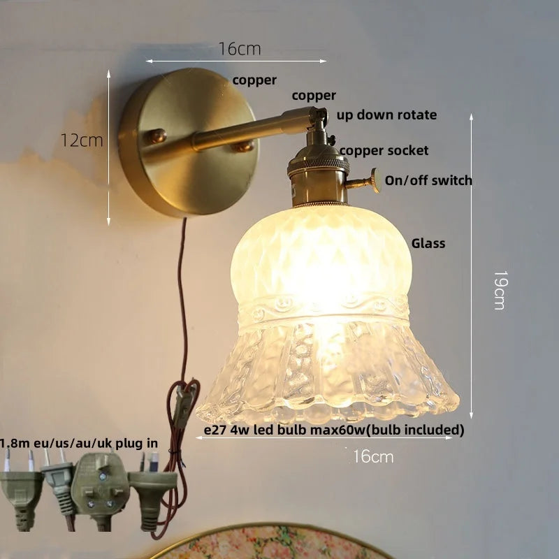 Helnys Amber Flower Glass Wall Light with Pull Chain Switch